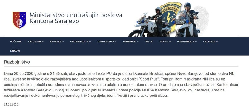 Bosnia-and-Herzegovina-avmp/Razbojnistvo-u-sportskoj-kladionici