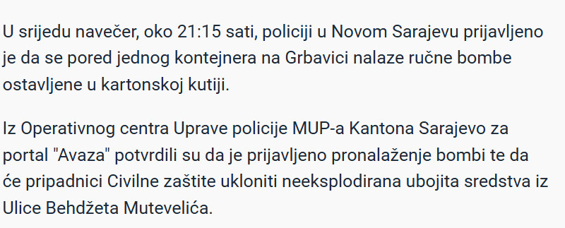 Bosnia-and-Herzegovina-avmp/Rucne-bombe-pronadene-na-Grbavici-Gradanin-ih-uocio-pored-kontejnera-i-pozvao-policiju