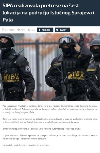 Bosnia-and-Herzegovina-avmp/SIPA-realizovala-pretrese-na-sest-lokacija-na-podrucju-Istocno