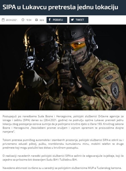 Bosnia-and-Herzegovina-avmp/SIPA-u-Lukavcu-pretresla-jednu-lokaciju---SIPA.GOV.BA