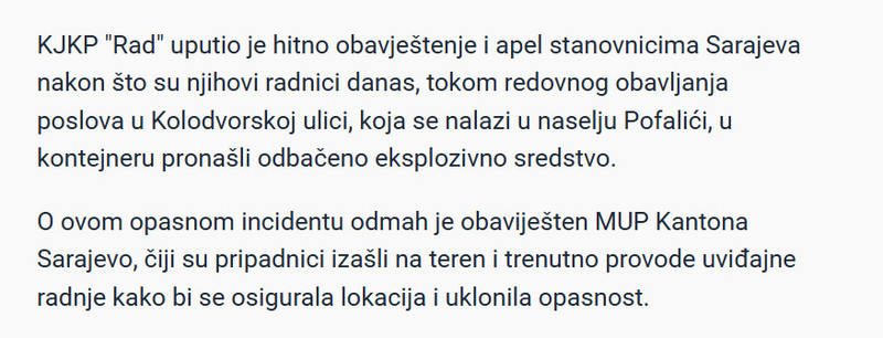 Bosnia-and-Herzegovina-avmp/Sarajevo-Komunalni-radnici-na-Pofalicima-u-kontejneru-pronasli-eksplozivnu-napravu