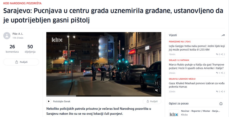 Bosnia-and-Herzegovina-avmp/Sarajevo-Pucnjava-u-centru-grada-uznemirila-gradane-ustanovljeno-da-je-upotrijebljen-gasni-pistolj_1