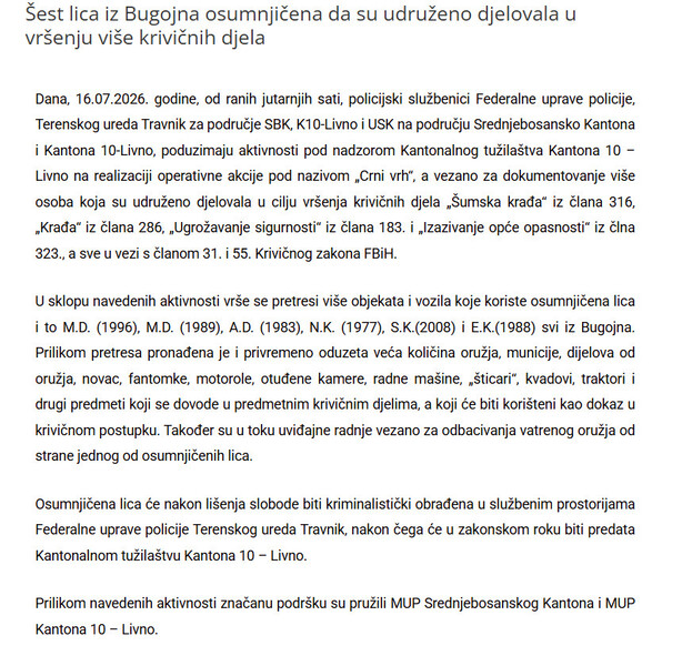 Bosnia-and-Herzegovina-avmp/Sest-lica-iz-Bugojna-osumnjicena-da-su-udruzeno-djelovala-u-vrsenju-vise-krivicnih-djela