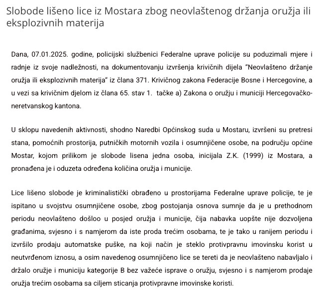 Bosnia-and-Herzegovina-avmp/Slobode-liseno-lice-iz-Mostara-zbog-neovlastenog-drzanja-oruzj