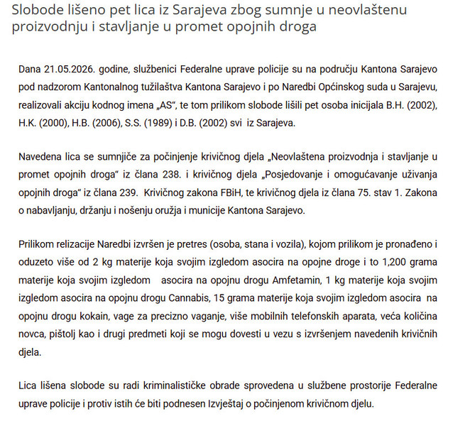 Bosnia-and-Herzegovina-avmp/Slobode-liseno-pet-lica-iz-Sarajeva-zbog-sumnje-u-neovlastenu-proizvodnju-i-stavljanje-u-promet-opojnih-droga