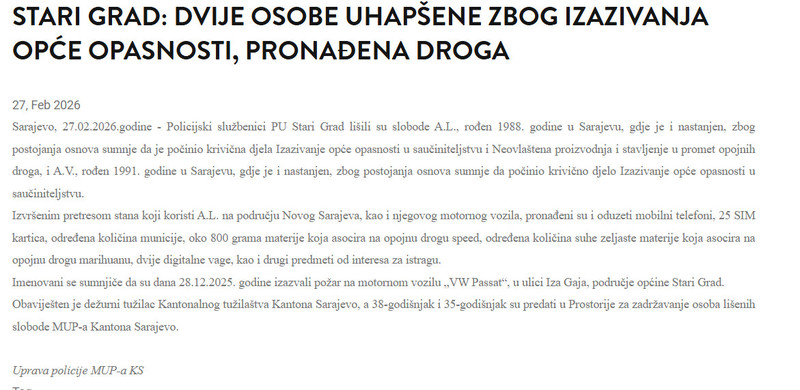 Bosnia-and-Herzegovina-avmp/Stari-Grad-Dvije-osobe-uhapsene-zbog-izazivanja-opce-opasnosti-pronadena-droga
