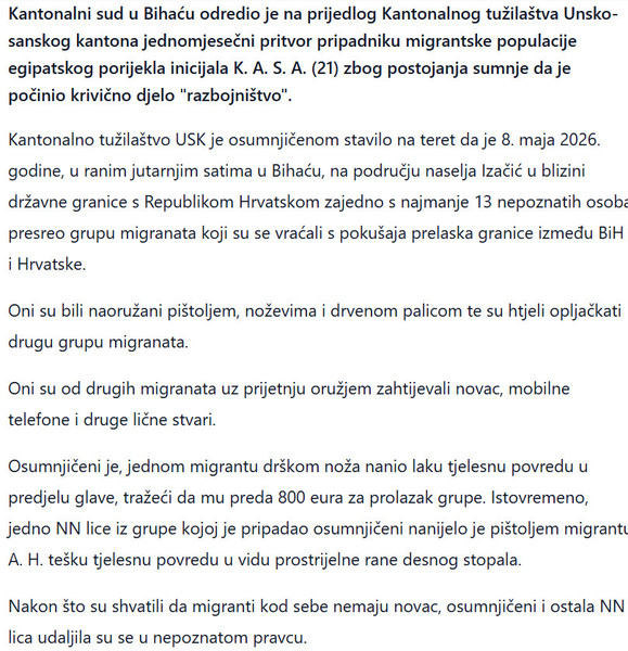 Bosnia-and-Herzegovina-avmp/Sud-u-Bihacu-Zbog-razbojnistva-drzavljaninu-Egipta-odreden-jednomjesecni-pritvor