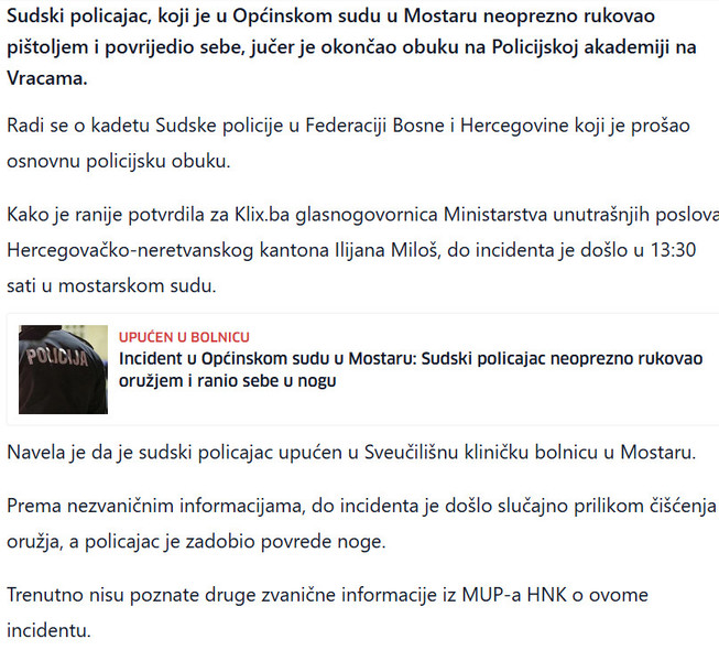 Bosnia-and-Herzegovina-avmp/Sudski-policajac-koji-se-ranio-iz-pistolja-u-Mostaru-jucer-zavrsio-obuku-na-Policijskoj-akademiji-na-Vracama_1