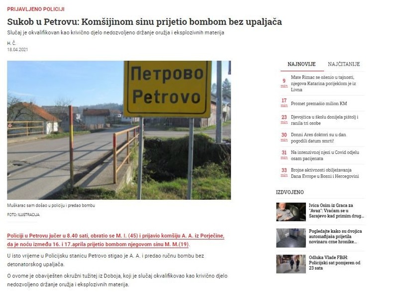 Bosnia-and-Herzegovina-avmp/Sukob-u-Petrovu_-Komsijinom-sinu-prijetio-bombom-bez-upaljaca