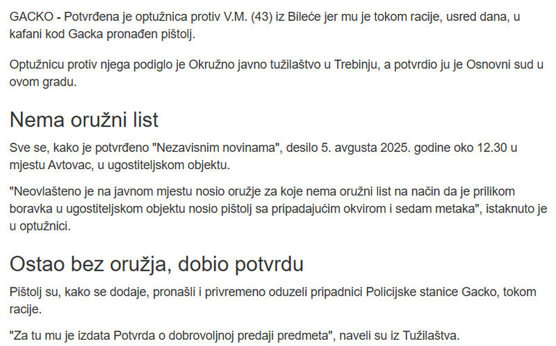 Bosnia-and-Herzegovina-avmp/Tokom-racije-u-kafani-mu-usred-dana-nasli-pistolj