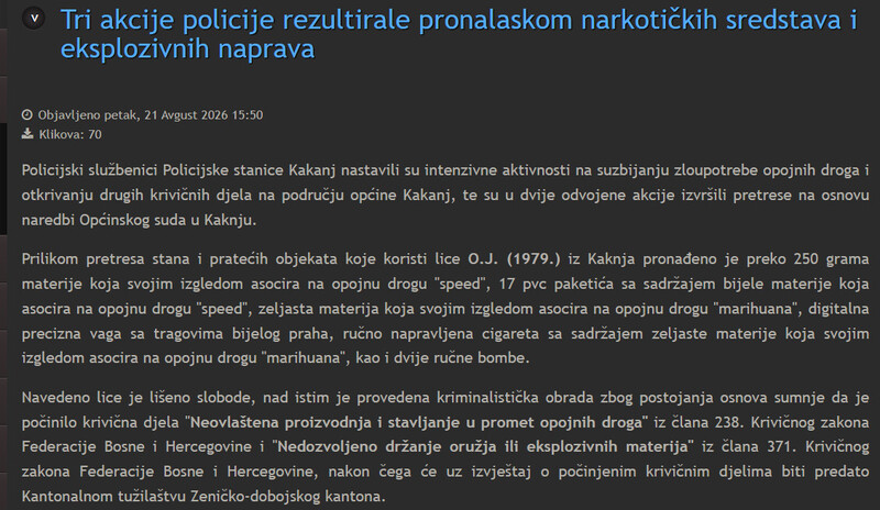 Bosnia-and-Herzegovina-avmp/Tri-akcije-policije-rezultirale-pronalaskom-narkotickih-sredstava-i-eksplozivnih-naprava