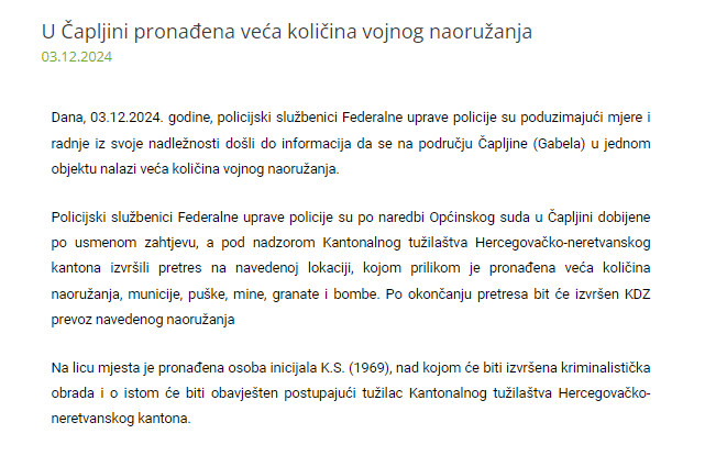 Bosnia-and-Herzegovina-avmp/U-Capljini-pronadena-veca-kolicina-vojnog-naoruzanja