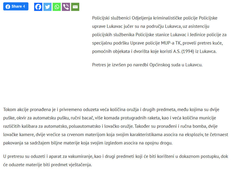 Bosnia-and-Herzegovina-avmp/U-Lukavcu-uhapsen-muskarac-U-pretresu-kuce-pronadene-puske-rucni-bacac-bombe-i-droga