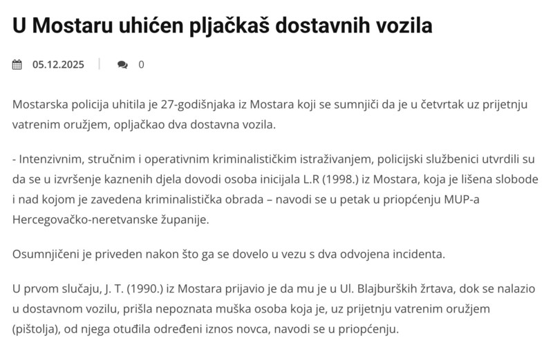 Bosnia-and-Herzegovina-avmp/U-Mostaru-uhicen-pljackas-dostavnih-vozila--StartBiH.ba