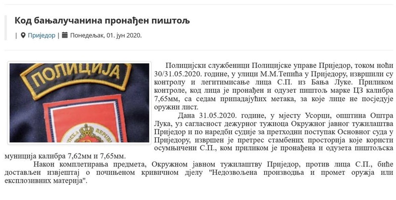 Bosnia-and-Herzegovina-avmp/U-Prijedoru-pronadjen-pistolj-i-municija
