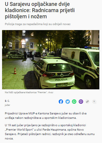 Bosnia-and-Herzegovina-avmp/U-Sarajevu-opljackane-dvije-kladionice-Radnicama-prijetli-pist