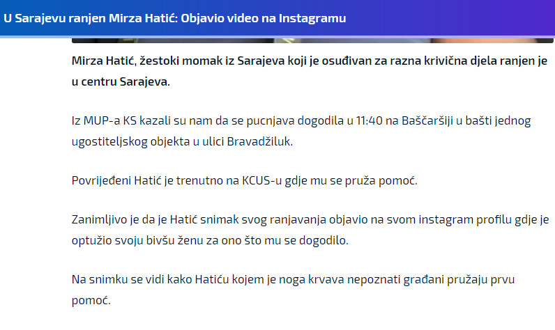 Bosnia-and-Herzegovina-avmp/U-Sarajevu-ranjen-Mirza-Hatic_-Objavio-video-na-Instagramu---