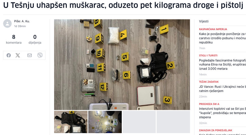 Bosnia-and-Herzegovina-avmp/U-Tesnju-uhapsen-muskarac-oduzeto-pet-kilograma-droge-i-pistol