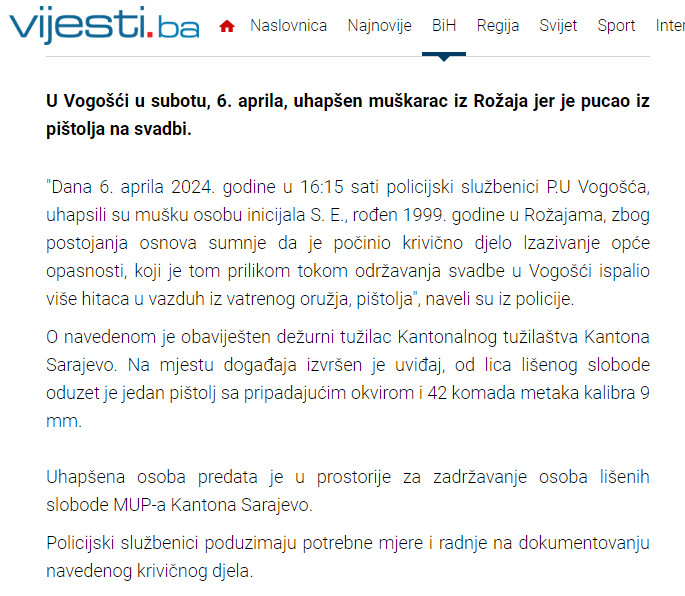 Bosnia-and-Herzegovina-avmp/U-Vogosci-uhapsen-muskarac-iz-Rozaja-pucao-pistoljem-na-svadbi
