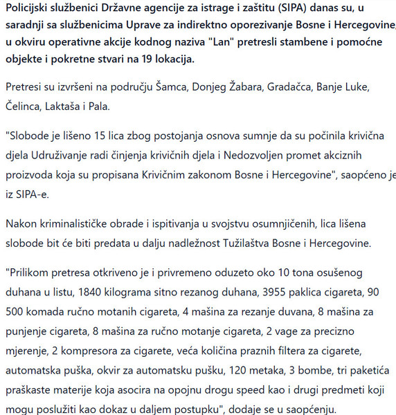 Bosnia-and-Herzegovina-avmp/U-akciji-SIPA-e-uhapseno-15-osoba-zaplijenjeno-oruzje-droga-eksploziv-i-cigarete