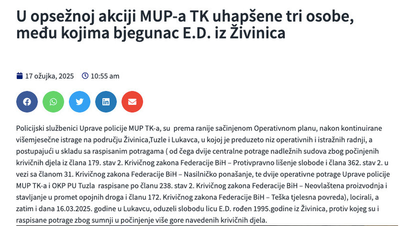 Bosnia-and-Herzegovina-avmp/U-opseznoj-akciji-MUP-a-TK-uhapsene-tri-osobe-medu-kojima-bjeg