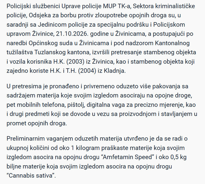 Bosnia-and-Herzegovina-avmp/U-pretresima-na-podrucju-Zivinica-oduzeto-oko-15-kilograma-opojne-droge