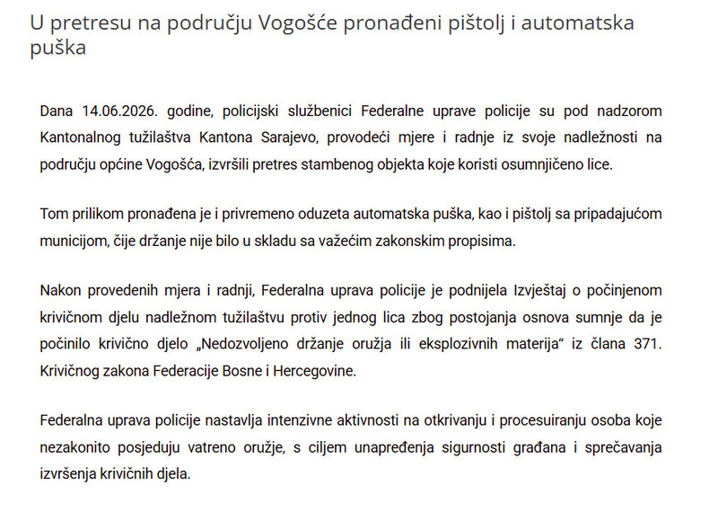 Bosnia-and-Herzegovina-avmp/U-pretresu-na-podrucju-Vogosce-pronadeni-pistolj-i-automatska-puska
