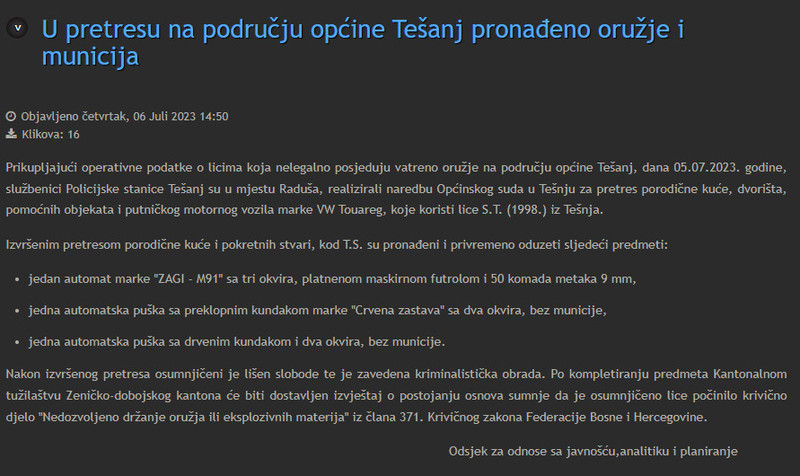 Bosnia-and-Herzegovina-avmp/U-pretresu-na-podrucju-opcine-Tesanj-pronadeno-oruzje-i-munic