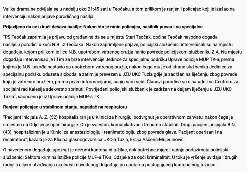 Bosnia-and-Herzegovina-avmp/U-pucnjavi-u-Teocaku-ranjen-policajac-Oglasili-se-iz-MUP-a-TK-
