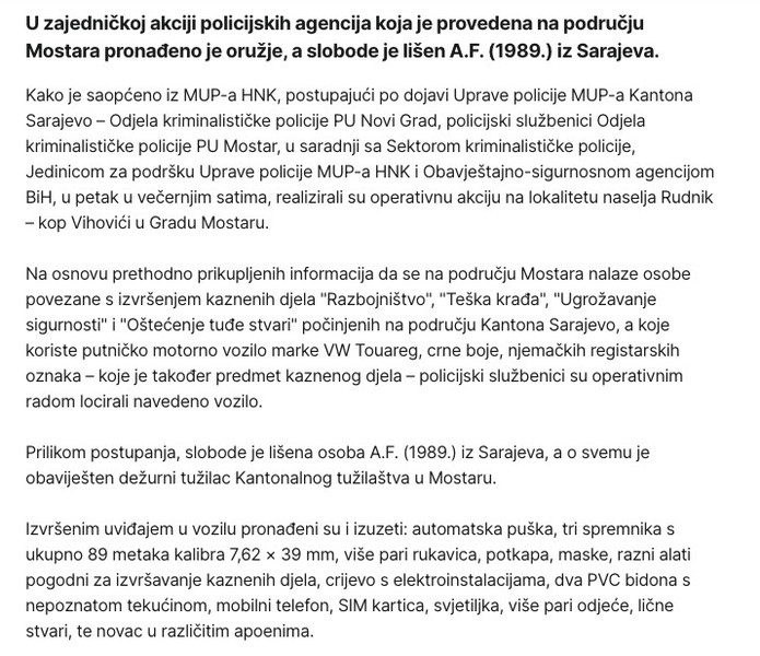 Bosnia-and-Herzegovina-avmp/U-zajednickoj-akciji-policije-pronadeno-oruzje-uhapsen-Sarajli