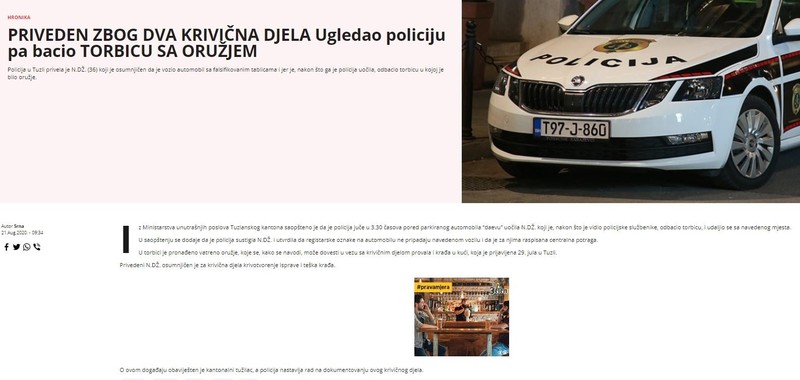Bosnia-and-Herzegovina-avmp/Ugledao-policiju-pa-bacio-torbicu-sa-oruzjem