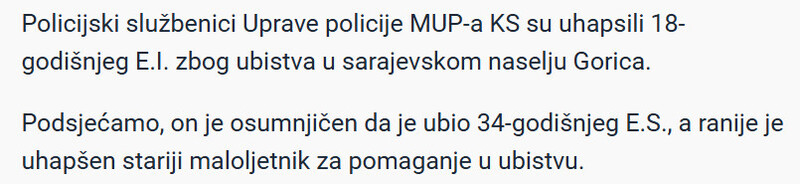 Bosnia-and-Herzegovina-avmp/Uhapsen-18-godisnjak-Osumnjicen-za-ubistvo-u-naselju-Gorica