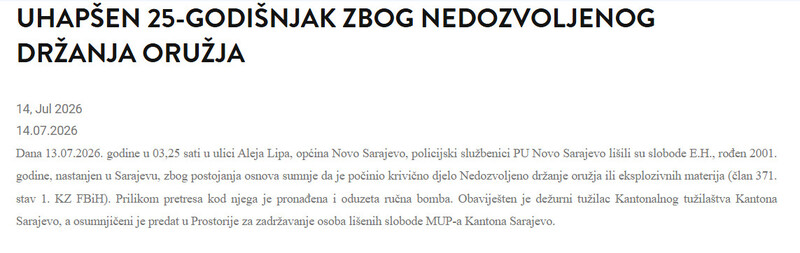 Bosnia-and-Herzegovina-avmp/Uhapsen-25-godisnjak-zbog-nedozvoljenog-drzanja-oruzja