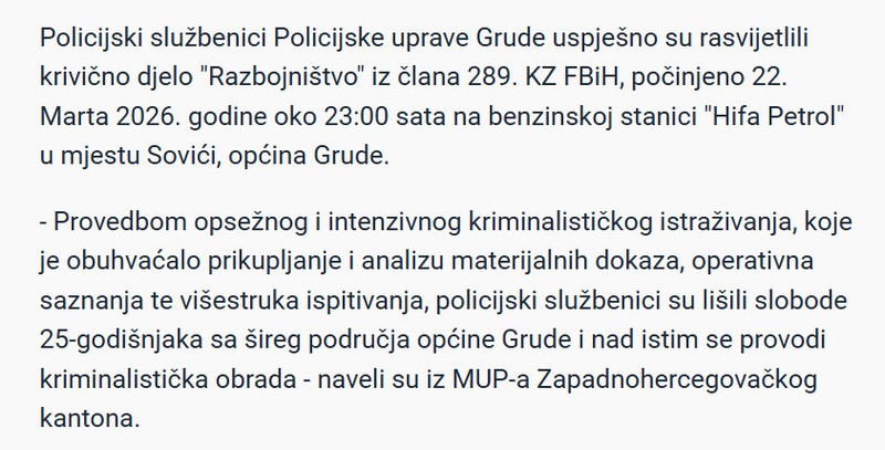 Bosnia-and-Herzegovina-avmp/Uhapsen-25-godisnjak-zbog-pljacke-benzinske-pumpe