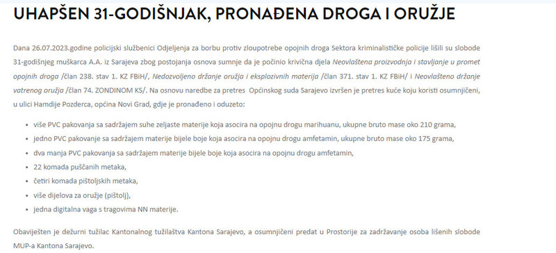Bosnia-and-Herzegovina-avmp/Uhapsen-31-godisnjak-pronadena-droga-i-oruzje