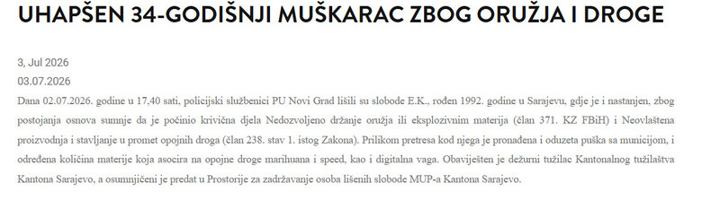 Bosnia-and-Herzegovina-avmp/Uhapsen-34-godisnji-muskarac-zbog-oruzja-i-droge