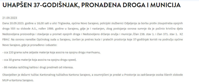Bosnia-and-Herzegovina-avmp/Uhapsen-37-godisnjak-pronadena-droga-i-municija-_-Ministarstv