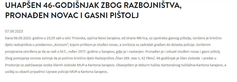 Bosnia-and-Herzegovina-avmp/Uhapsen-46-godisnjak-zbog-razbojnistva-pronaden-novac-i-gasni