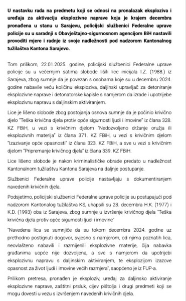 Bosnia-and-Herzegovina-avmp/Uhapsen-Sarajlija-zbog-povezanosti-s-nabavkom-eksploziva-i-pla