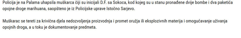 Bosnia-and-Herzegovina-avmp/Uhapsen-Sokocanin-u-stanu-pronadena-droga-i-dvije-bombe_1
