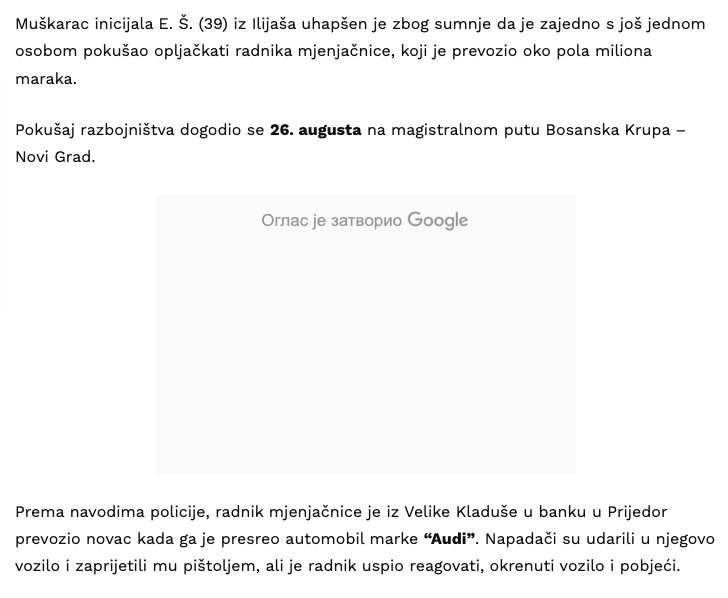 Bosnia-and-Herzegovina-avmp/Uhapsen-osumnjiceni-za-pokusaj-pljacke-pola-miliona-maraka-na-