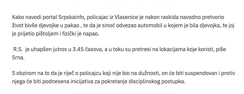 Bosnia-and-Herzegovina-avmp/Uhapsen-policajac-osumnjicen-da-je-prijetio-bivsoj-djevojci-da_1