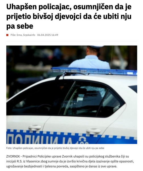 Bosnia-and-Herzegovina-avmp/Uhapsen-policajac-osumnjicen-da-je-prijetio-bivsoj-djevojci-da