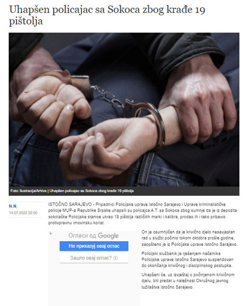 Bosnia-and-Herzegovina-avmp/Uhapsen-policajac-sa-Sokoca-zbog-krade-19-pistolja
