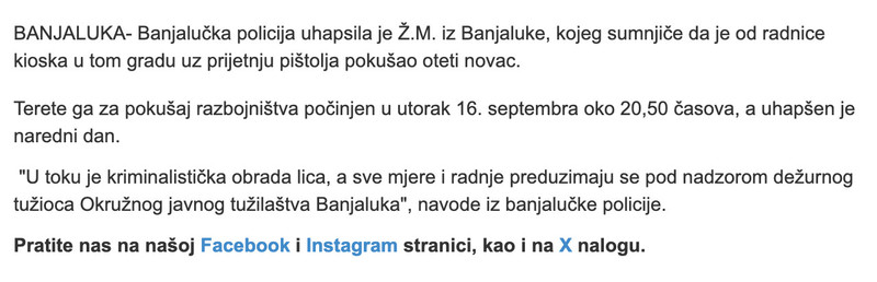 Bosnia-and-Herzegovina-avmp/Uhapsen-zbog-pokusaja-razbojnistva-u-Banjaluci-radnici-prijeti_1