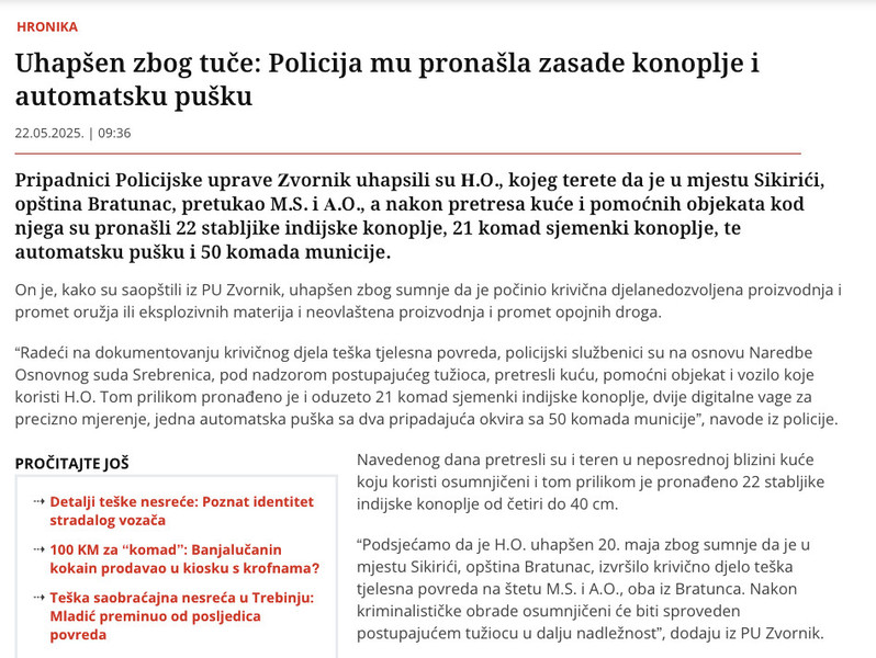 Bosnia-and-Herzegovina-avmp/Uhapsen-zbog-tuce_-Policija-mu-pronasla-zasade-konoplje-i-auto