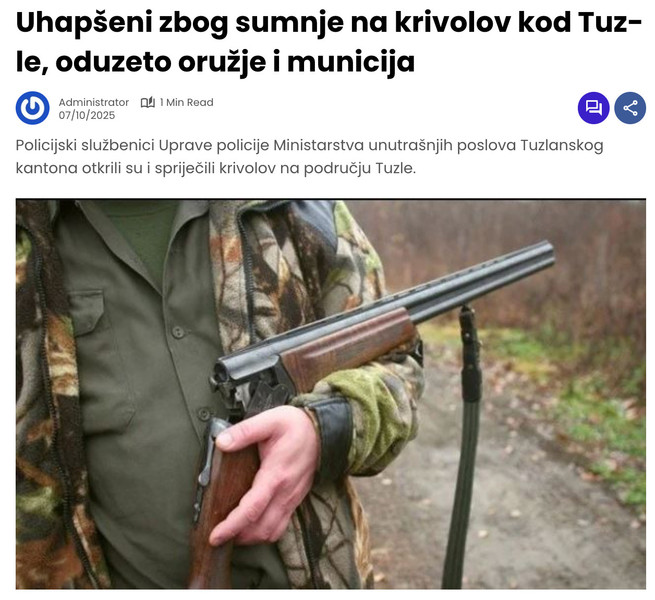 Bosnia-and-Herzegovina-avmp/Uhapseni-zbog-sumnje-na-krivolov-kod-Tuzle-oduzeto-oruzje-i-mu