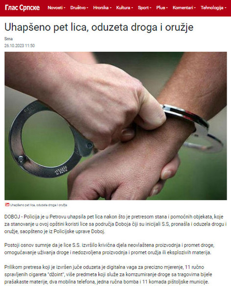 Bosnia-and-Herzegovina-avmp/Uhapseno-pet-lica-oduzeta-droga-i-oruzje---Glas-Srpske