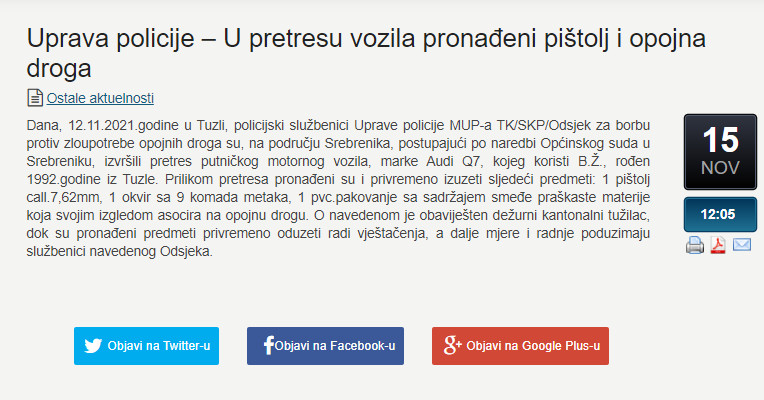 Bosnia-and-Herzegovina-avmp/Uprava-policije--U-pretresu-vozila-pronadeni-pistolj-i-opojna-