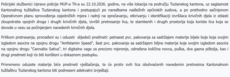 Bosnia-and-Herzegovina-avmp/Uprava-policije-MUP-TK---Izvrseni-pretresi-na-vise-lokacija-oduzeto-oruzje-i-opojna-droga